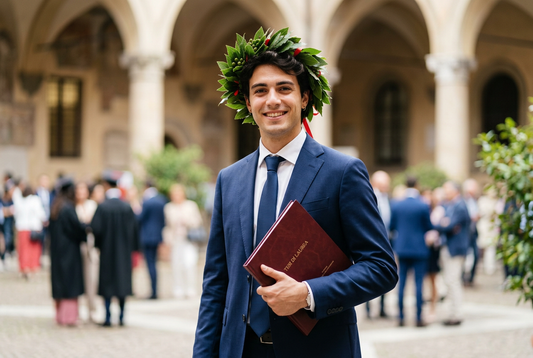 Studente laureato in abito blu con tesi e corona d’alloro.